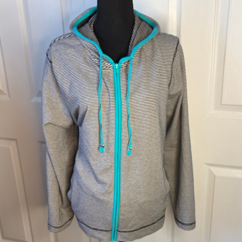Talbots Zippered Hoodie Dark Blue and white with Turquoise Zipper size 2X
